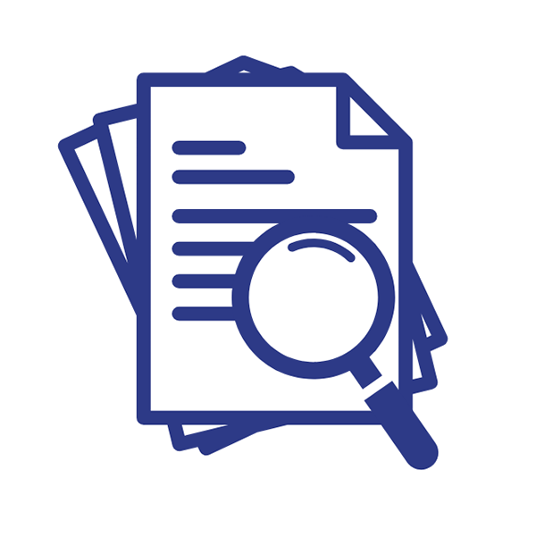 A simple graphic showing a magnifying glass over the top of some papers.