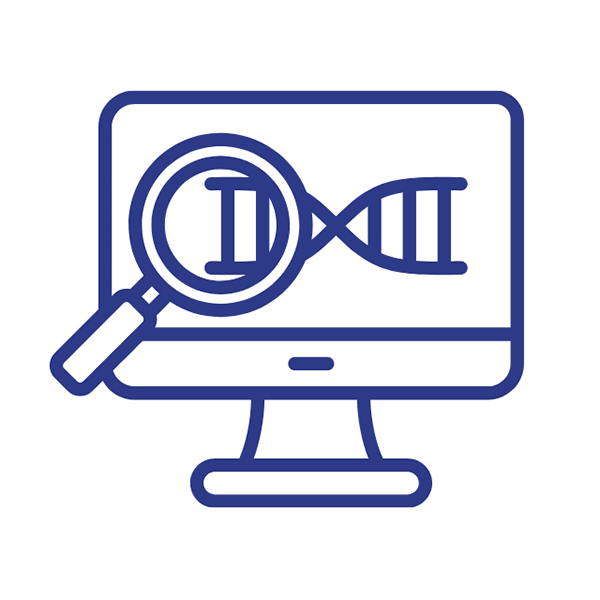 A simple graphic showing a magnifying glass over the top of a DNA helix on a computer screen.