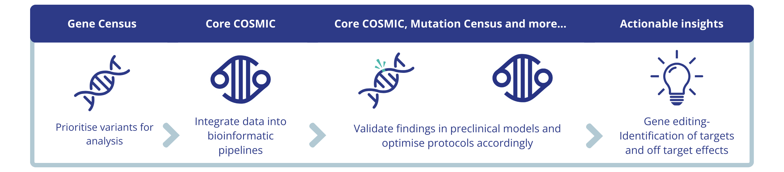 A diagram showing a step by step example of how a use could use different COSMIC modules for Gene editing and identification of targets and off target effects. The five suggested data and steps are as follows: 1.) Gene Census: Prioritise variants for analysis. 2.) Core COSMIC: Integrate data into bioinformatic pipelines. 3.) Core COSMIC, Mutation Census and more: Validate findings in preclinical models and optimise protocols accordingly. 4.) Actionable insights: Gene editing-identification of targets and off target effects.