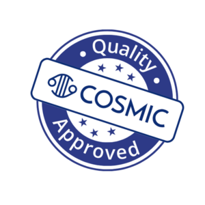 A simple graphic showing a "quality approved" stamp with the COSMIC logo in the centre