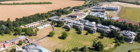 Aerial drone shot of campus
